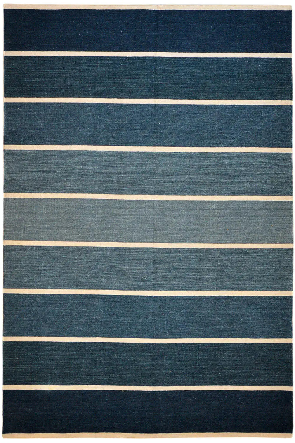 Modern kilim with wide dark blue and beige stripes, rectangular