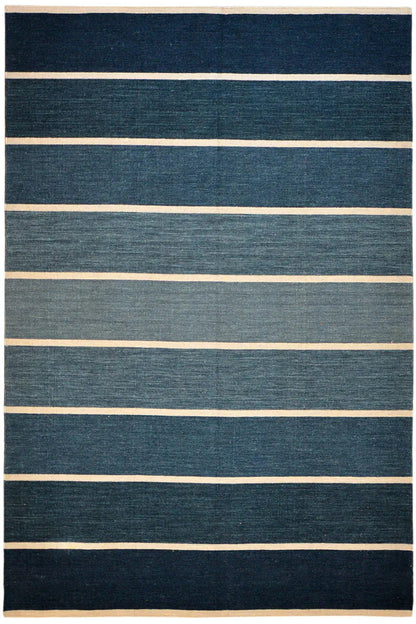 Modern kilim with wide dark blue and beige stripes, rectangular