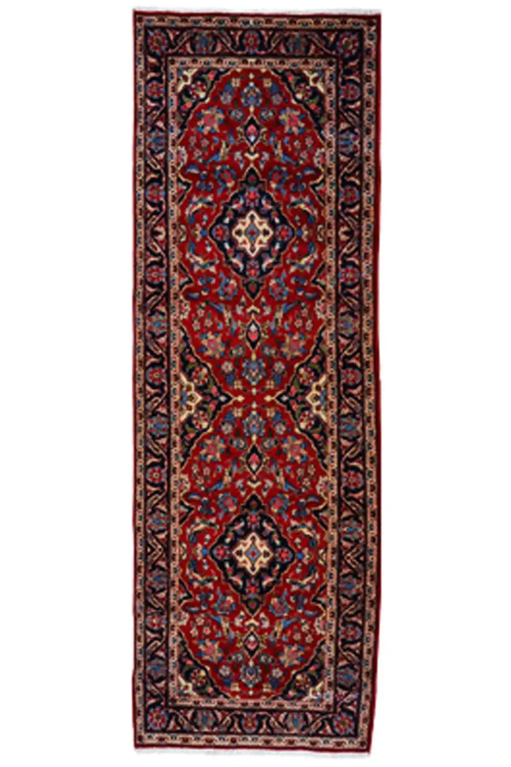 Red Oriental rug with a blue-framed medallion on an elongated field