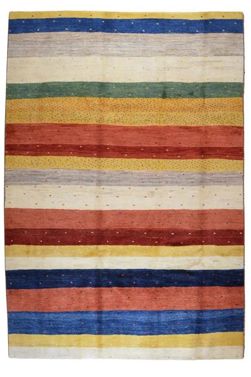 Gabbeh rug with stripes in beige, blue, red, and yellow, laid flat