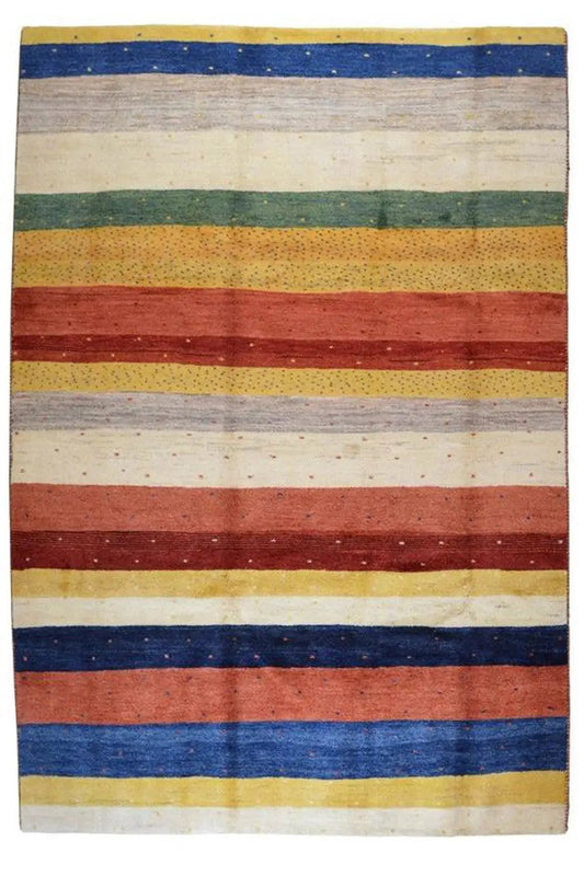 Gabbeh rug with stripes in beige, blue, red, and yellow, laid flat