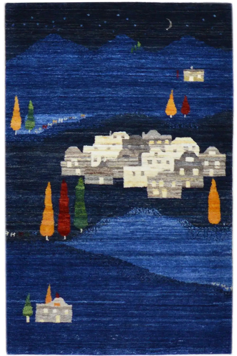 Blue gabbeh rug with a white house pattern and colorful tree and candle shapes