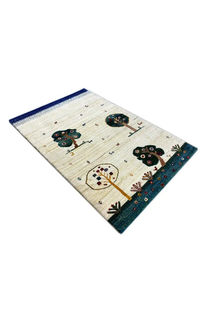 Carpet, diagonal view: light beige background with tree and circle ornaments, dark blue border