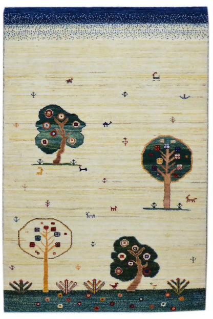 Gabbeh rug 117x77 cm: light beige rug with tree and animal motifs, blue border