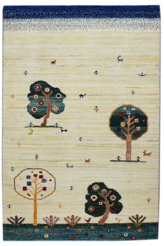 Gabbeh rug 117x77 cm: light beige rug with tree and animal motifs, blue border