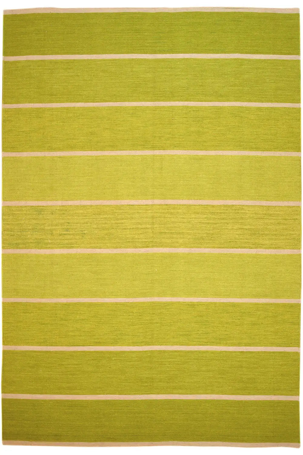 Green kilim rug with wide, light-colored stripes; rectangular, approx. 244x153 cm