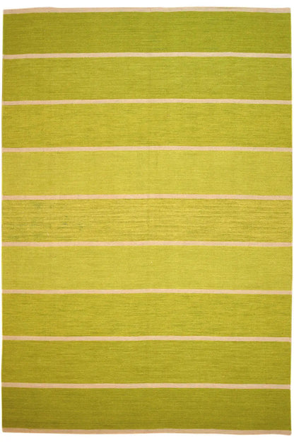 Green kilim rug with wide, light-colored stripes; rectangular, approx. 244x153 cm
