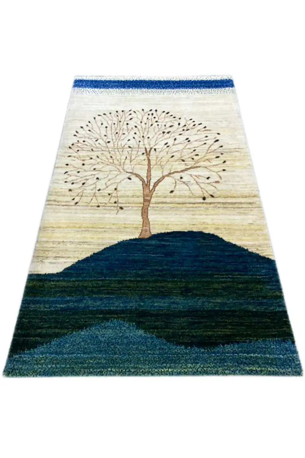 Gabbeh rug 122x78 cm in triangular view: tree design, blue hills, beige background.