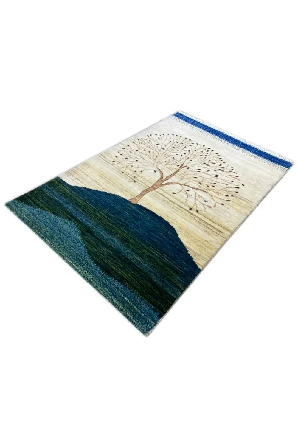 Gabbeh rug 122x78 cm: tree in the central area, dark blue and light beige sections.