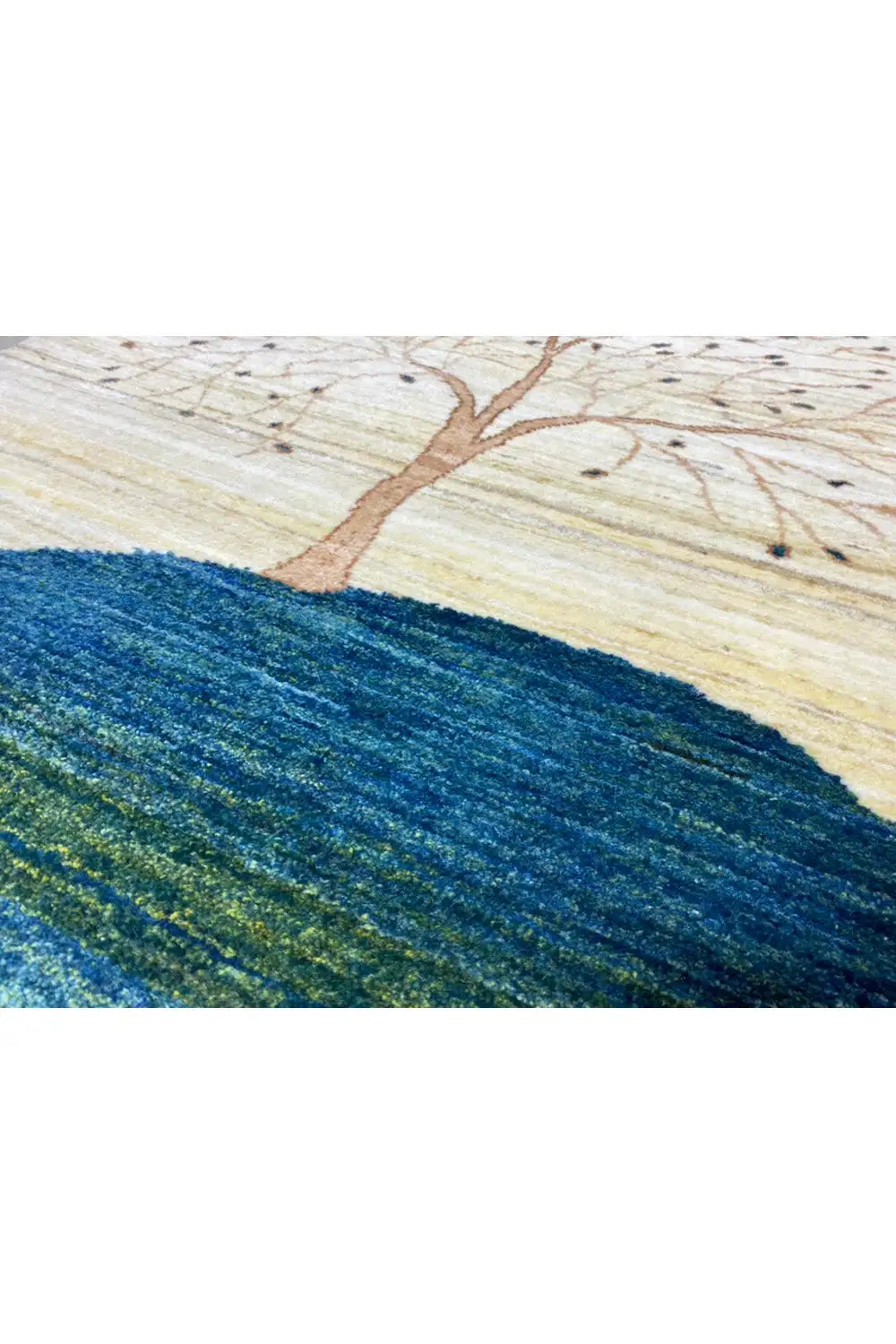 Gabbeh rug 122x78 cm Detail: Tree in brown, blue hills beneath, fine texture.