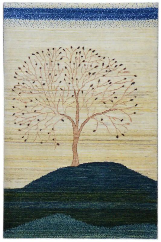 Gabbeh rug 122x78 cm with a tree motif, blue and beige bands of color, handwoven.