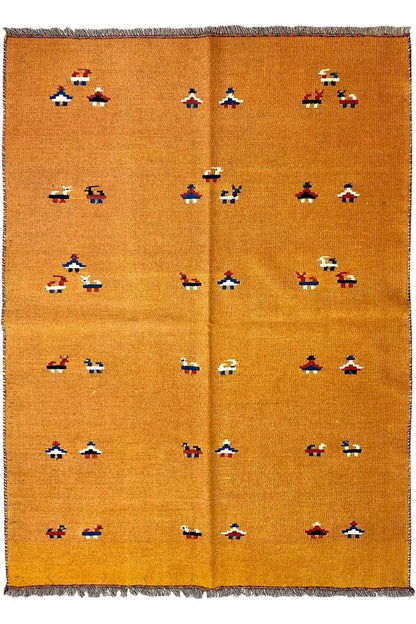 Ochre-brown kilim rug with a dense multicolored pattern, divided in the middle and fringed