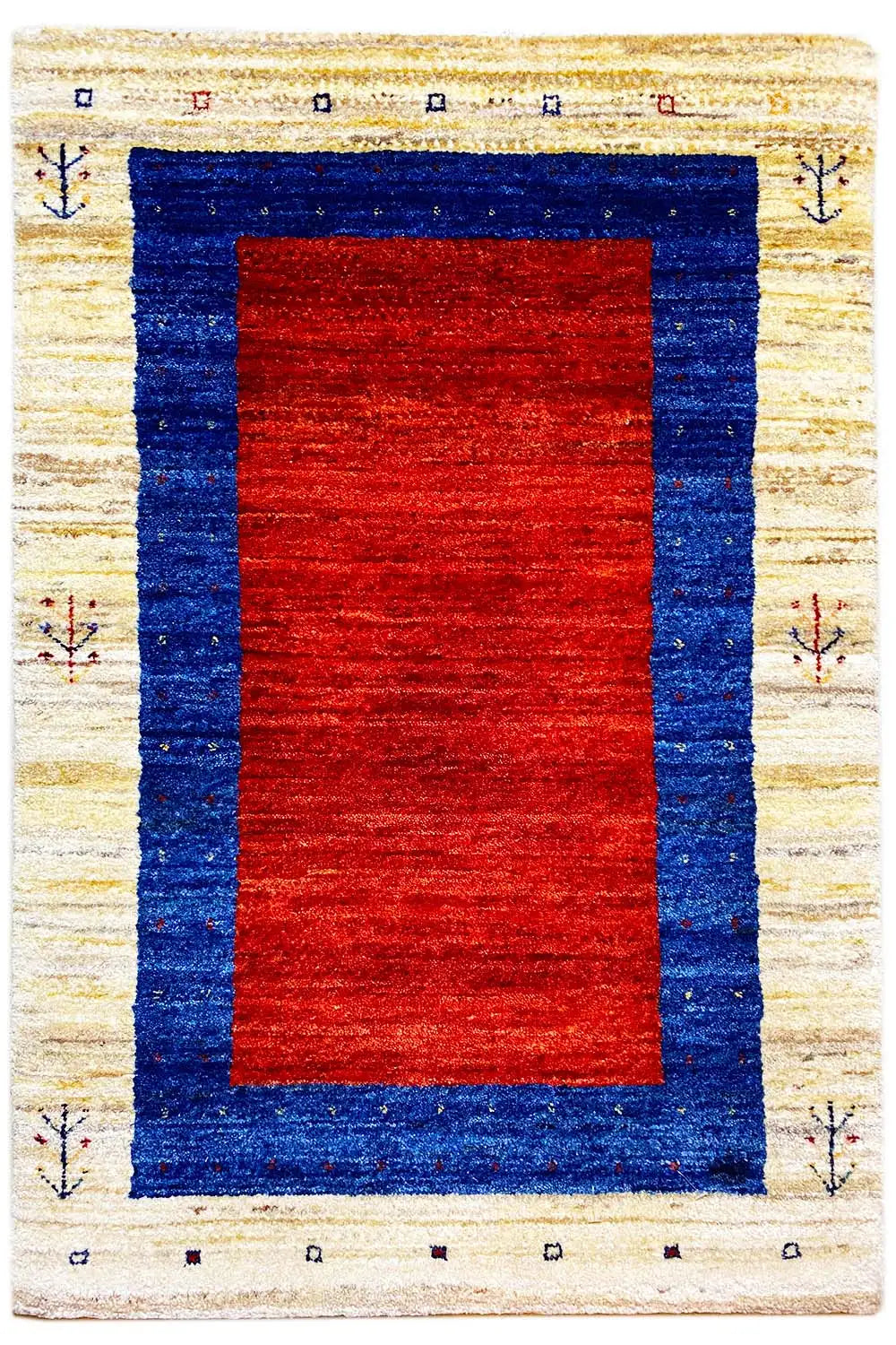 Gabbeh rug: red rectangle in a dark blue frame, cream border with small decorations