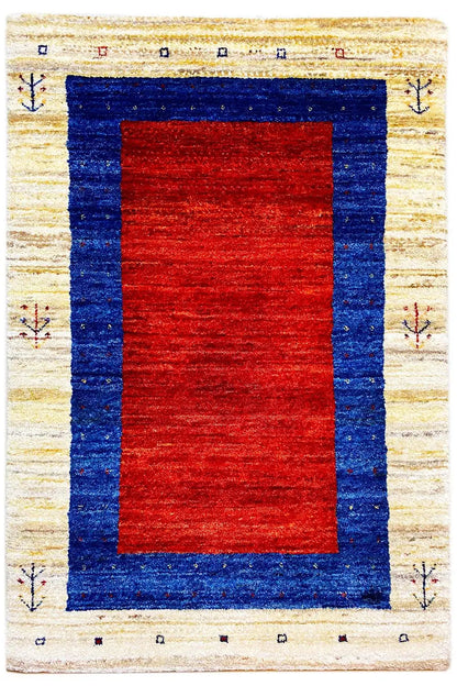 Gabbeh rug: red rectangle in a dark blue frame, cream border with small decorations