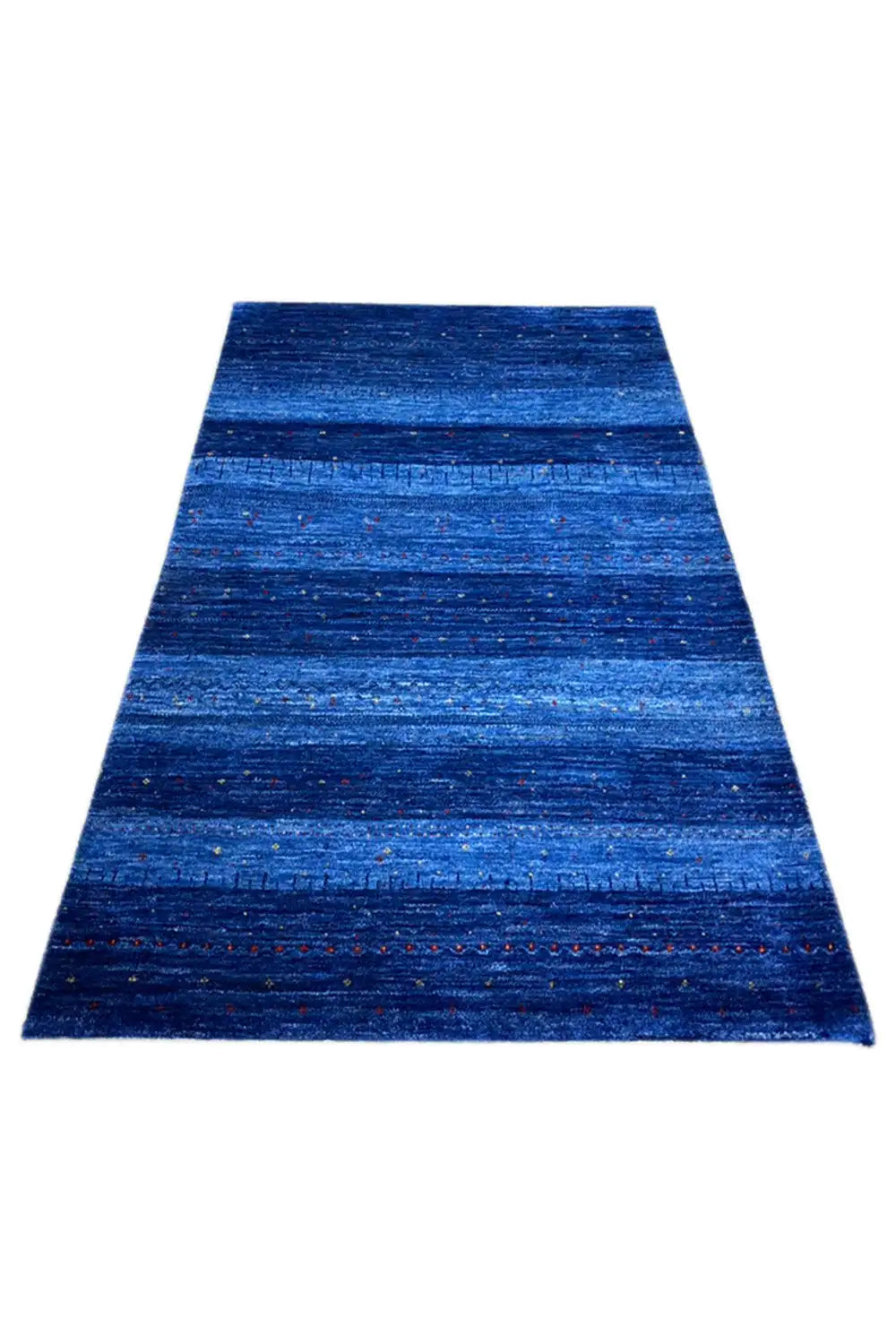 Blue Gabbeh rug with horizontal stripes and irregular dots