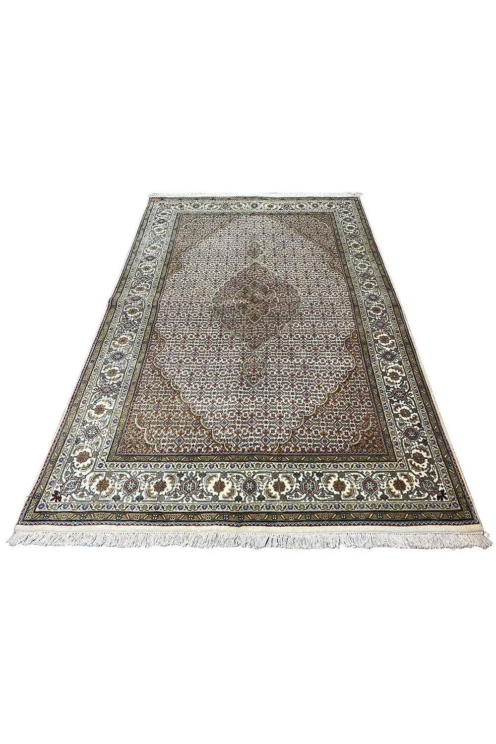 Rectangular oriental rug, brown-beige background with dark ornaments and a green border