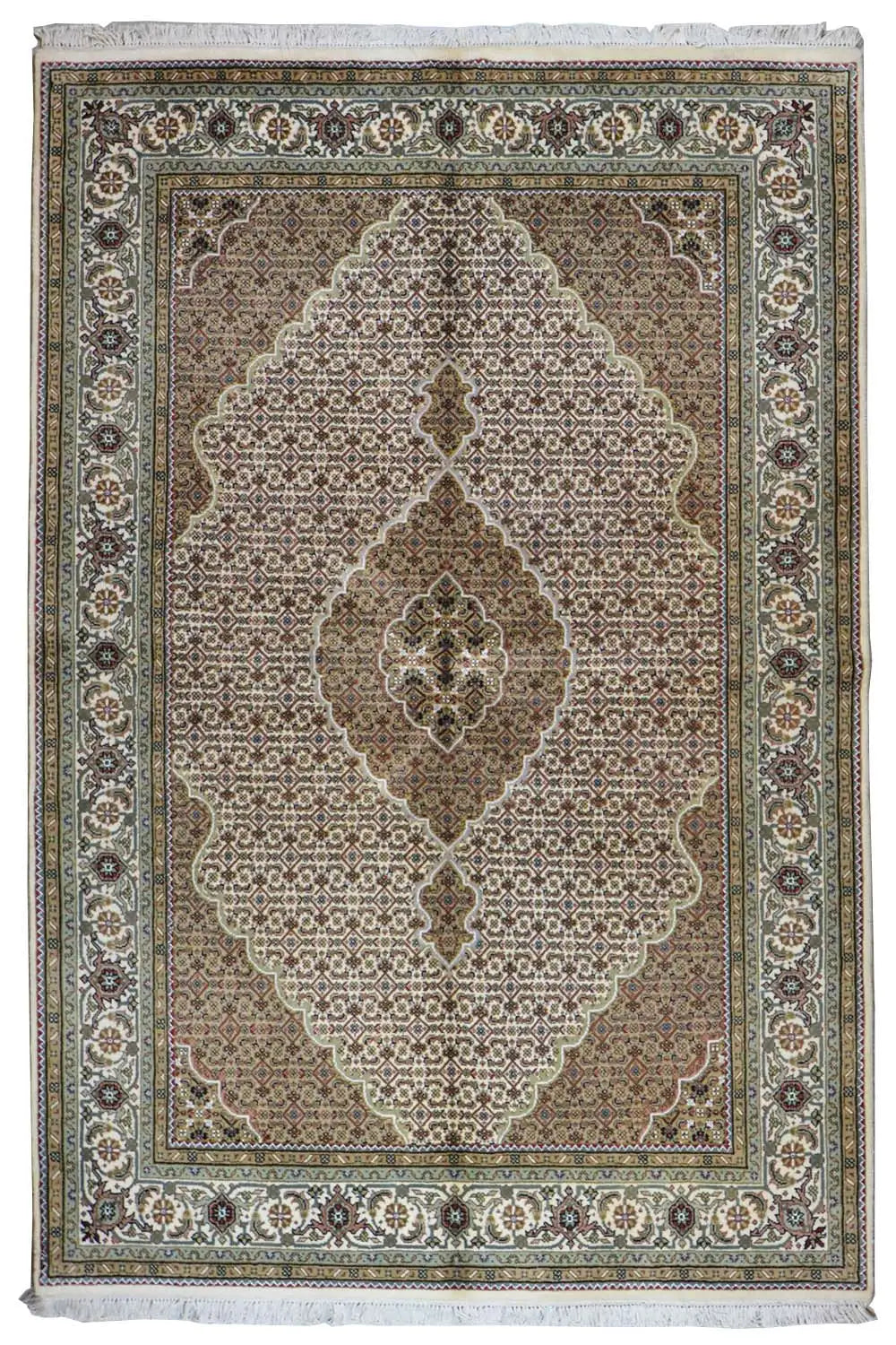 Oriental rug with a brown-beige medallion and floral ornament, green border