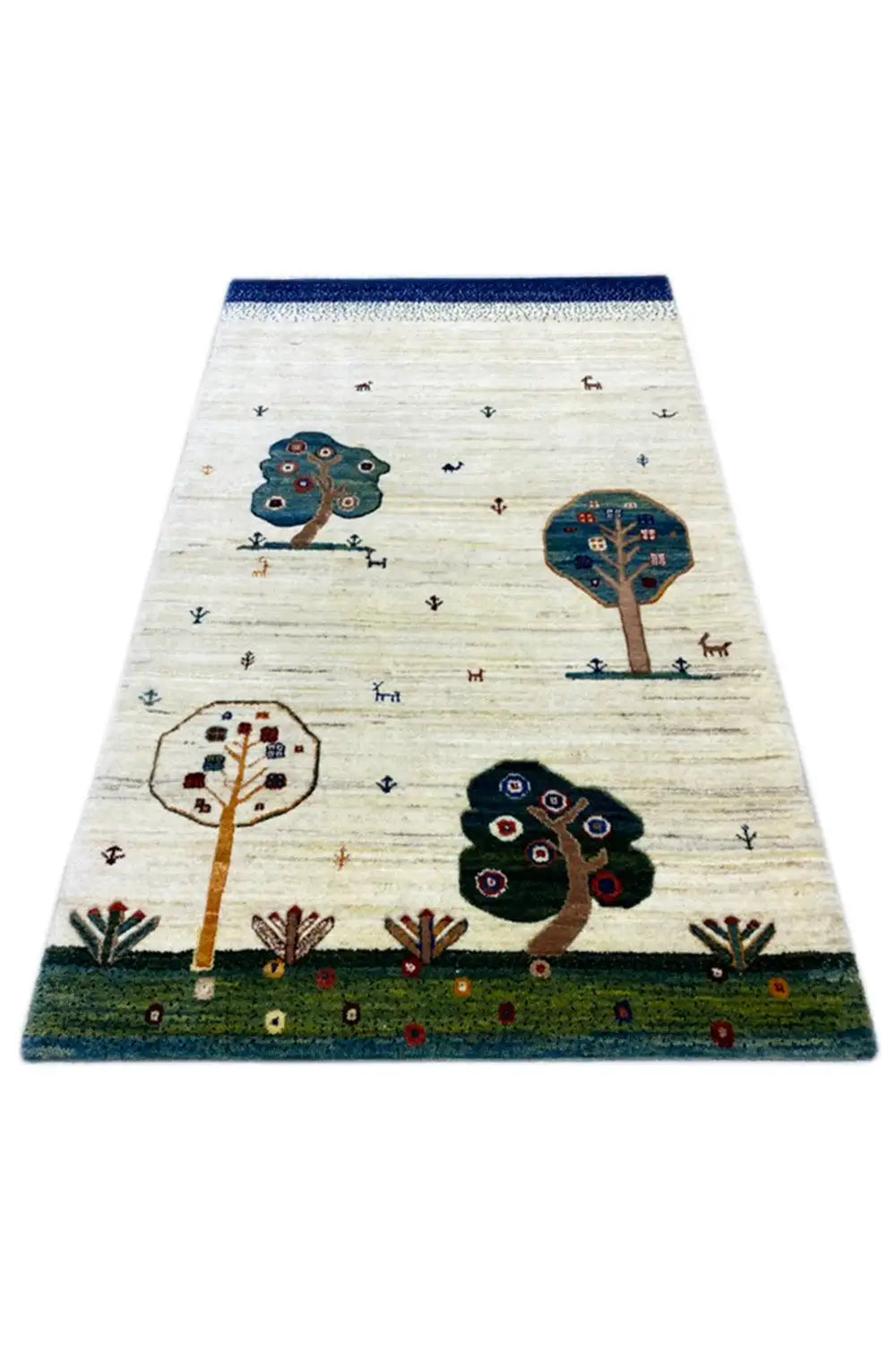 Gabbeh rug 122x76 cm: flat-weave, cream with blue border, landscape motifs
