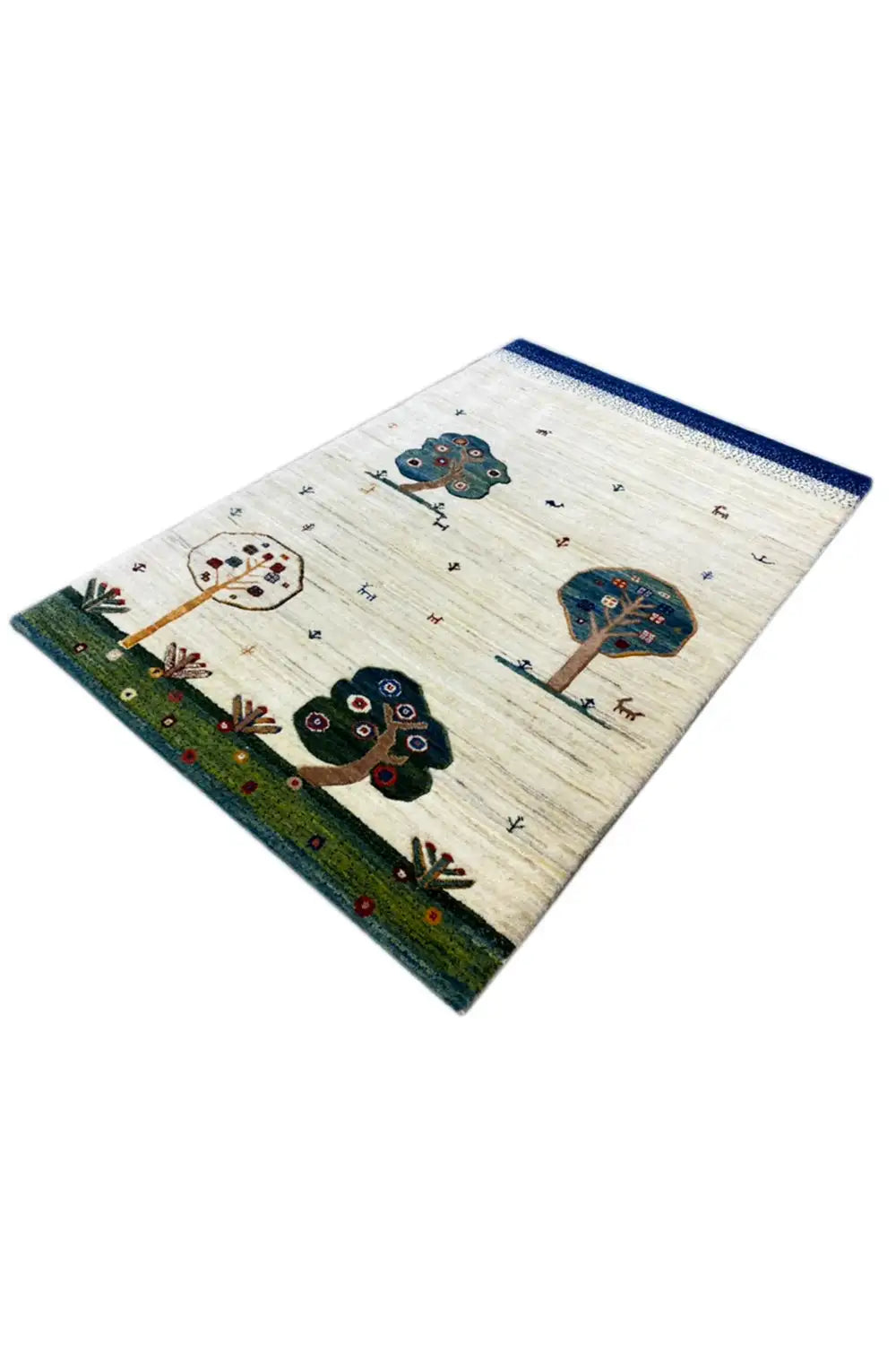 Gabbeh rug 122x76 cm: twisted, cream background with a blue border and several tree figures