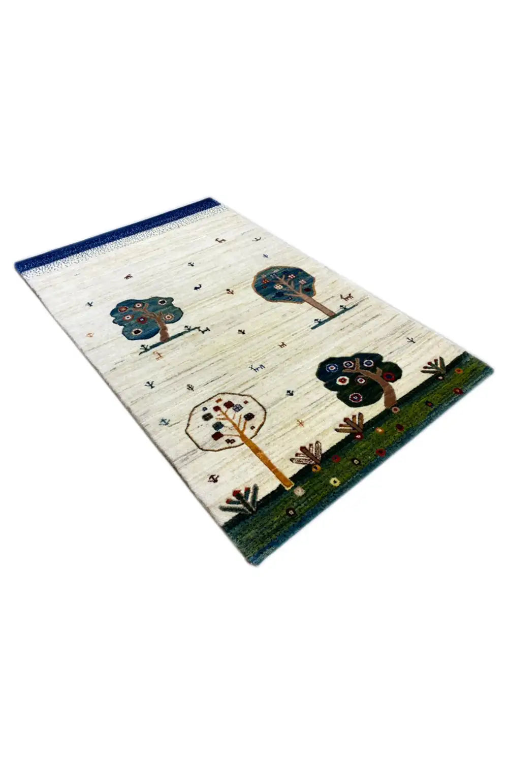 Gabbeh rug 122x76 cm: diagonal view, cream-colored, edged in blue, village and tree motifs