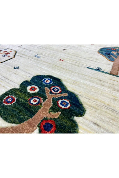 Gabbeh rug 122x76 cm Detail: Tree appliqué with round patterns on a beige background