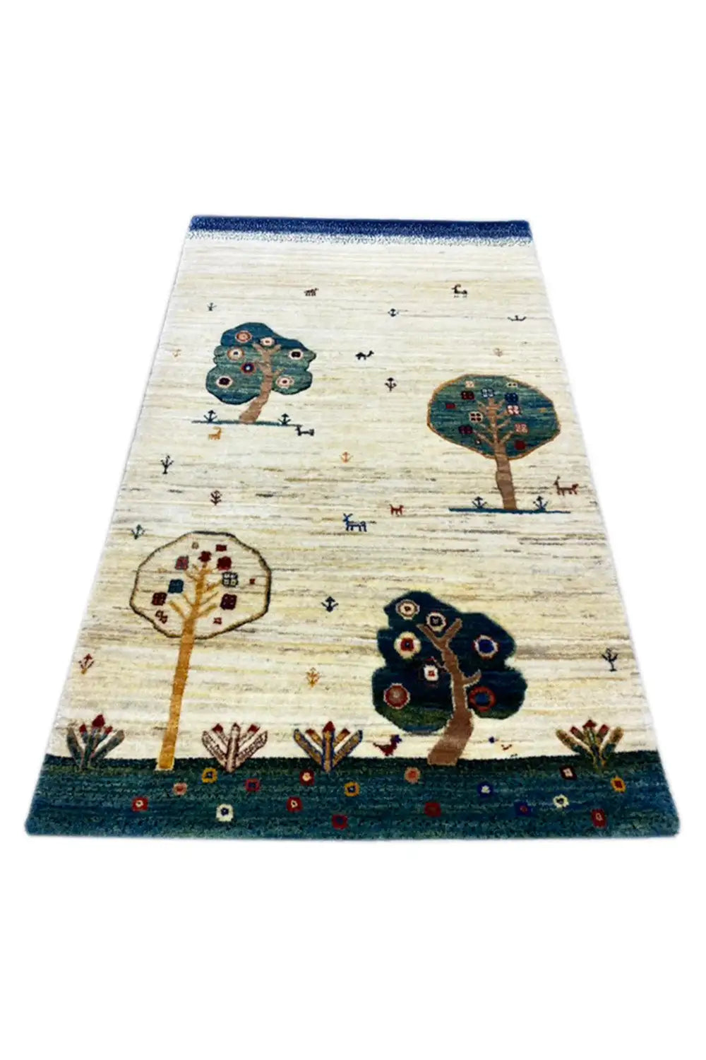 Gabbeh rug 119x75 cm rectangular with tree and floral motifs on a light beige background