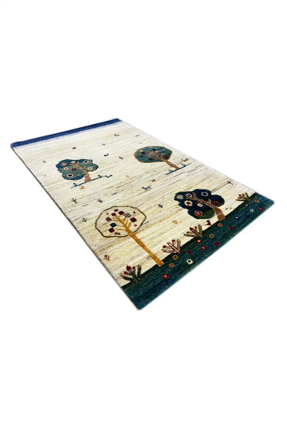 Gabbeh rug 119x75 cm, angled, with several tree ornaments and floral motifs in blue and beige