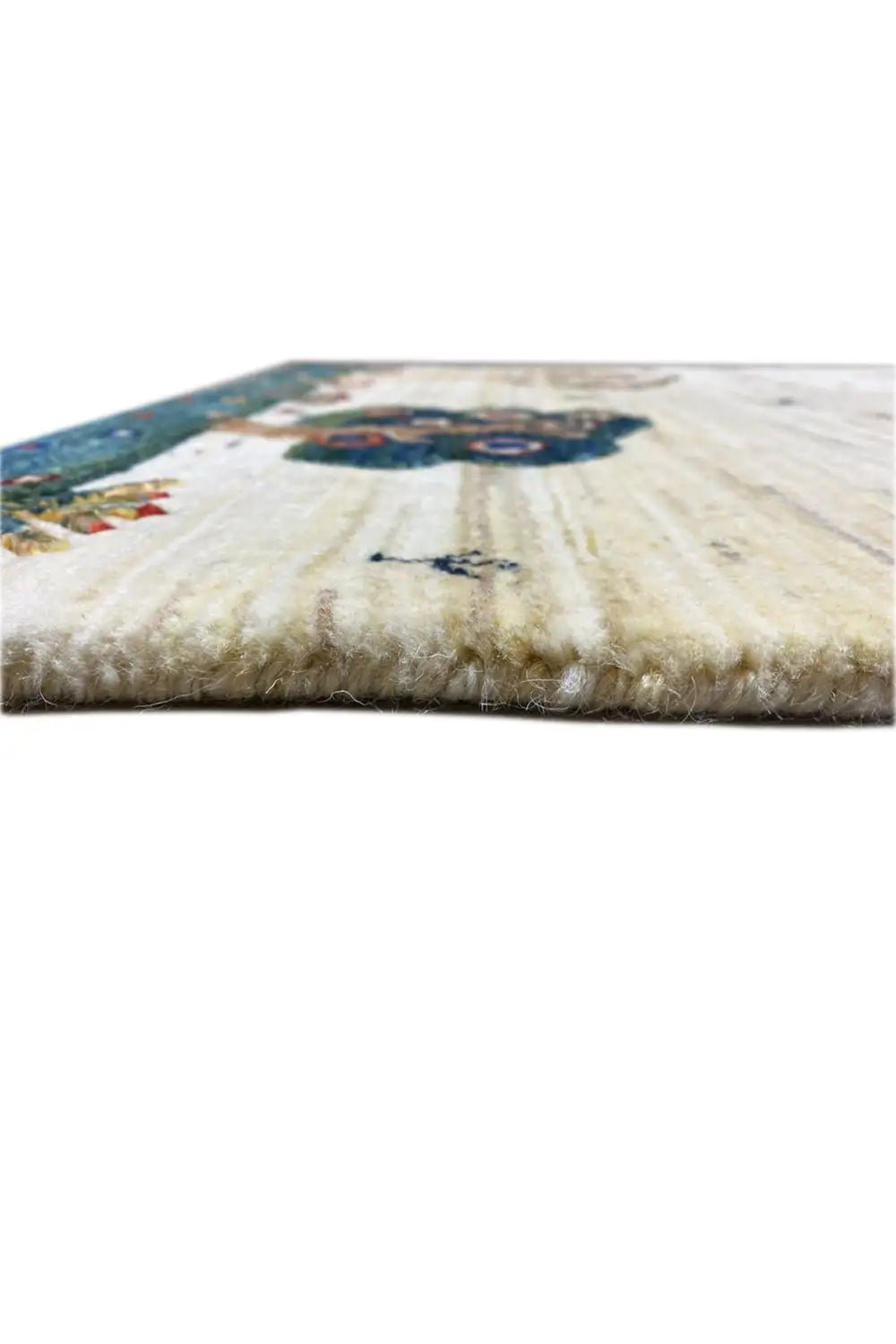 Gabbeh rug 119x75 cm with blue border, dense pile, and central tree motif