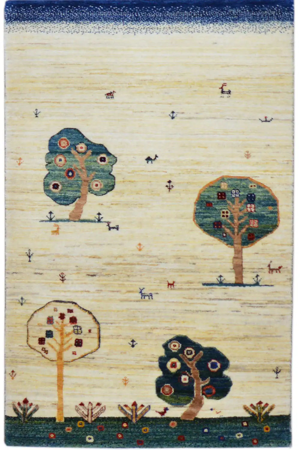 Gabbeh rug 119x75 cm with tree and floral pattern in blue, dark green and beige
