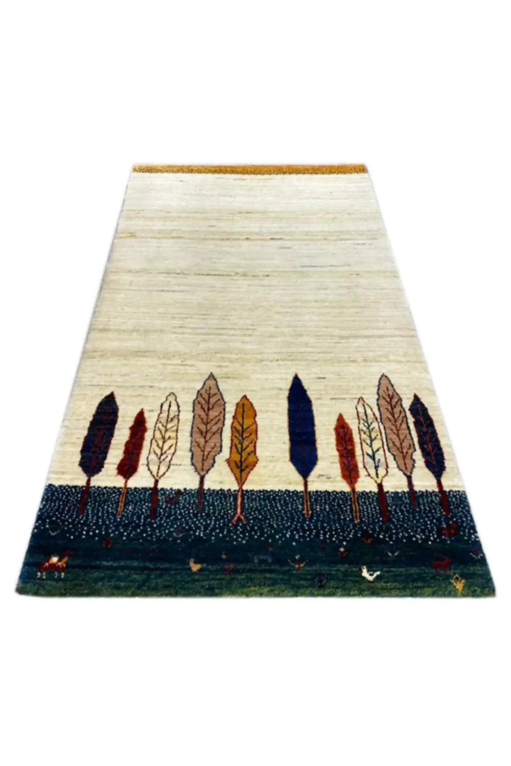 Gabbeh rug, light beige background with a row of trees and a dark blue border