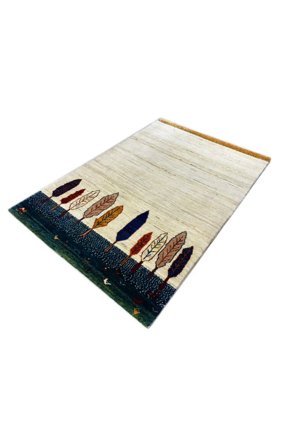Gabbeh rug at an angle: light-colored surface with a row of trees and a dark blue lower edge