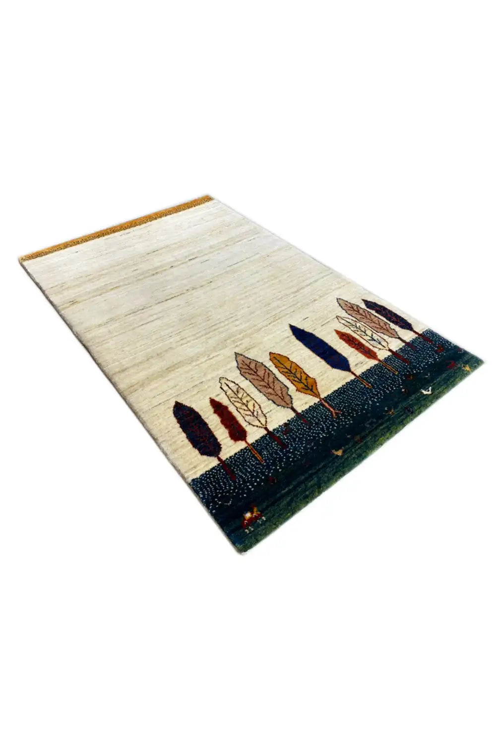 Gabbeh rug, shown at an angle: tree and leaf motif on a light background