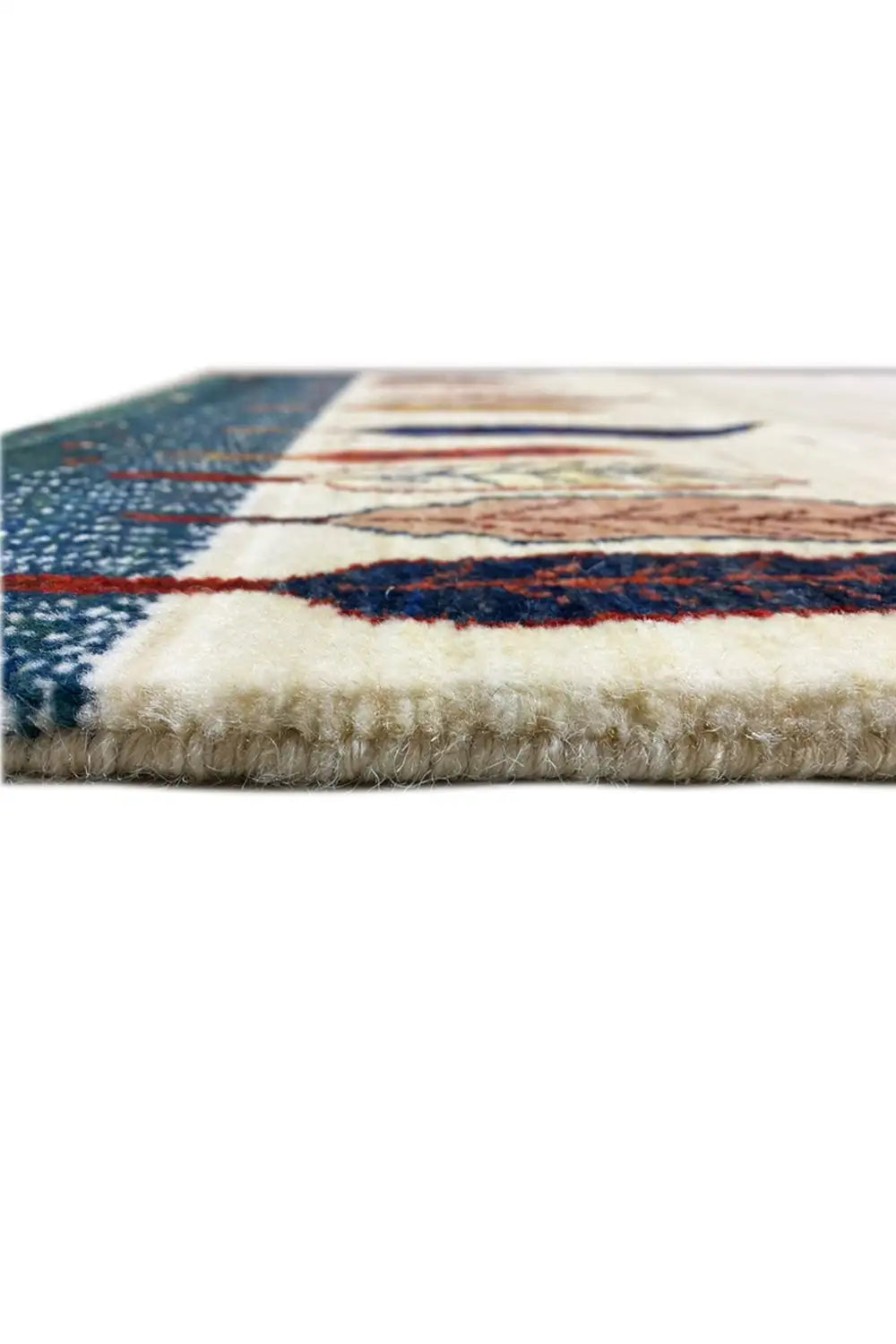 Carpet edge with light-colored pile and dark blue edging; underside visible