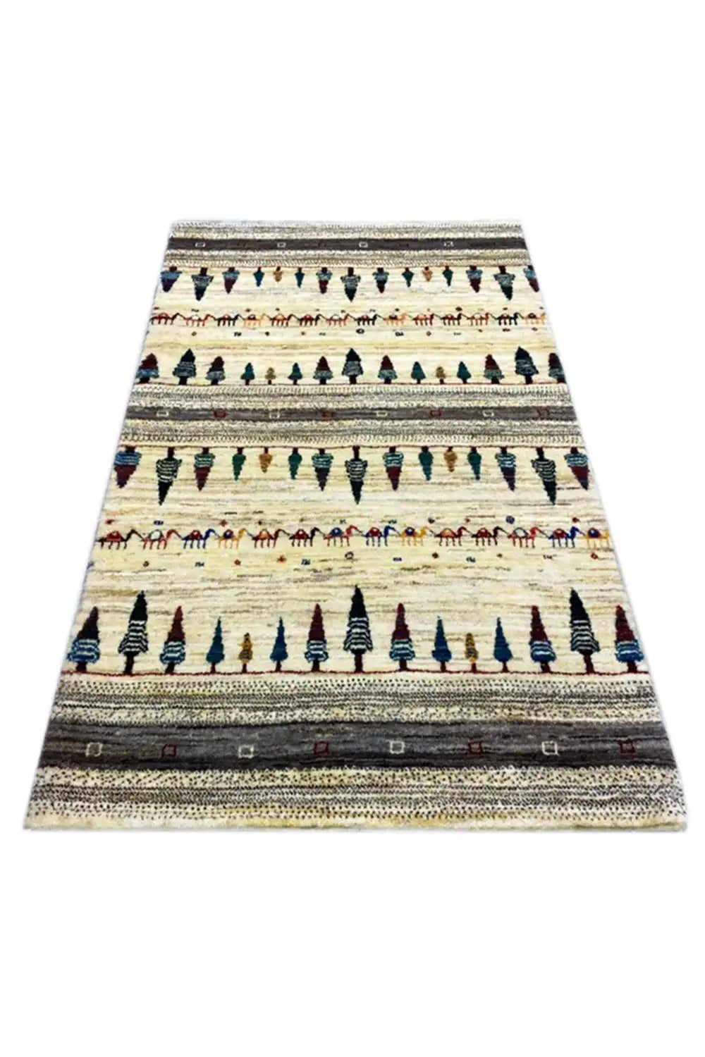 Gabbeh rug 123x78 cm, cream with striped ornaments in blue, red and green