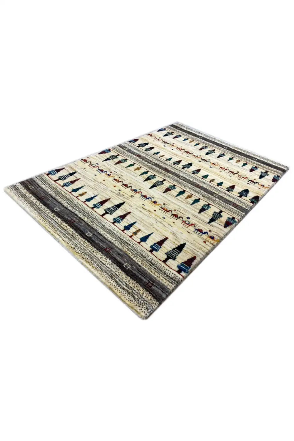 Gabbeh rug 123x78 cm, diagonal view: cream pattern with stylized tree motifs