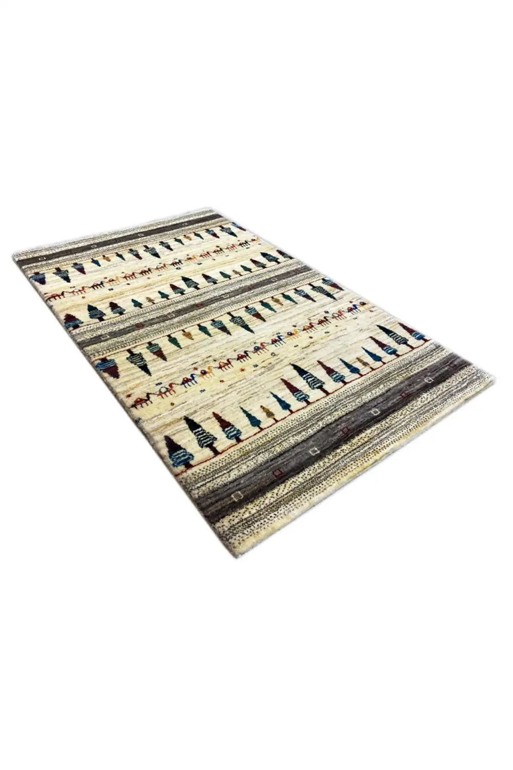 Gabbeh rug 123x78 cm, cream-colored design featuring geometric ornamental stripes
