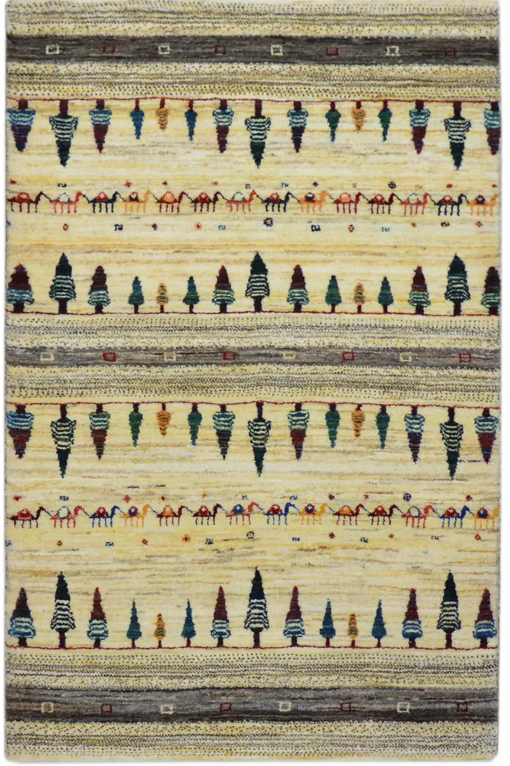 Gabbeh rug 123x78 cm, cream-colored with multicolored ornaments and border