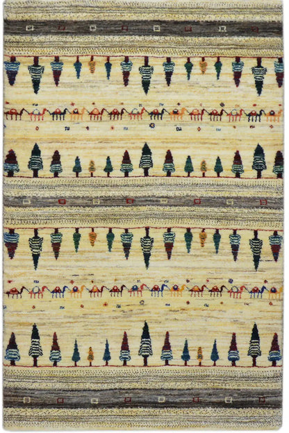 Gabbeh rug 123x78 cm, cream-colored with multicolored ornaments and border
