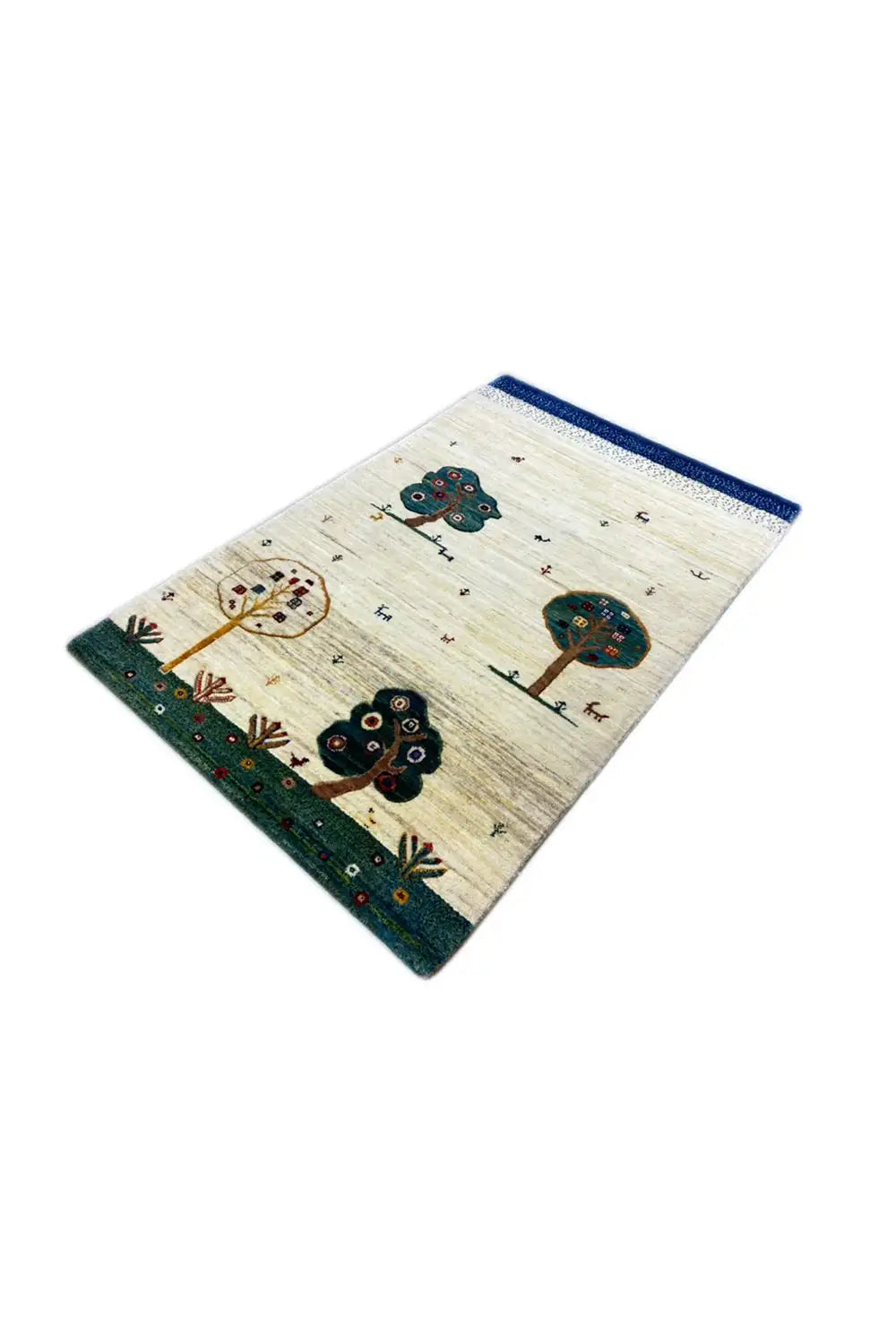 Gabbeh rug 120x76 cm, angled: cream with two tree and landscape motifs