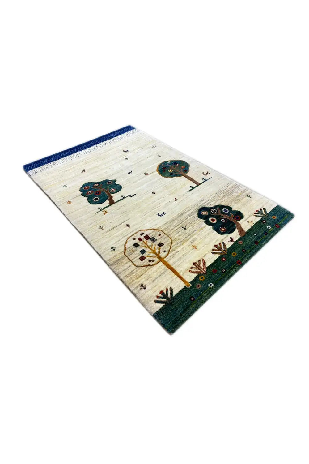 Gabbeh rug 120x76 cm, diagonal view: cream with tree and house motif
