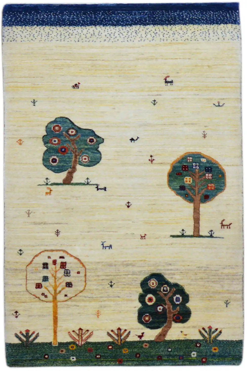Gabbeh rug 120x76 cm, cream-colored with a tree motif and blue border