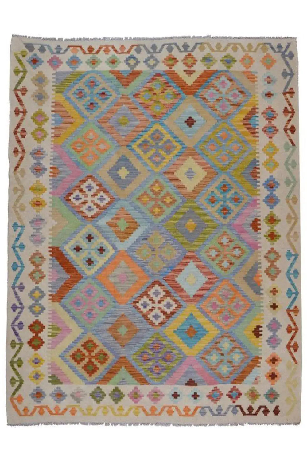 Kelim Afghan rug 203×153 cm, front view, light beige with blue-turquoise diamonds