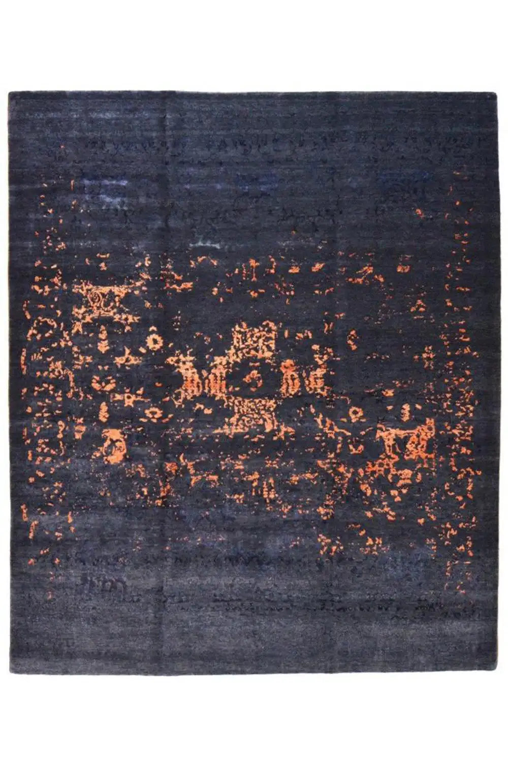Dark blue rug with a large orange speckled pattern, square, flat-woven appearance