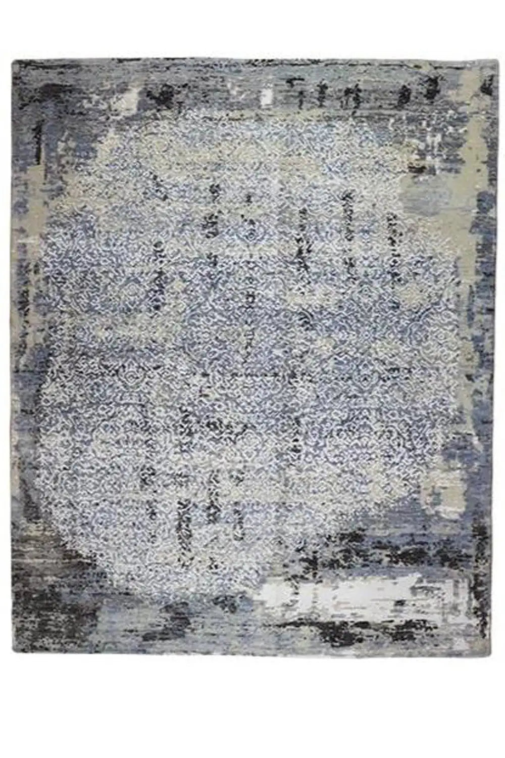 Square rug with a blue-gray vintage look and irregular brushstrokes