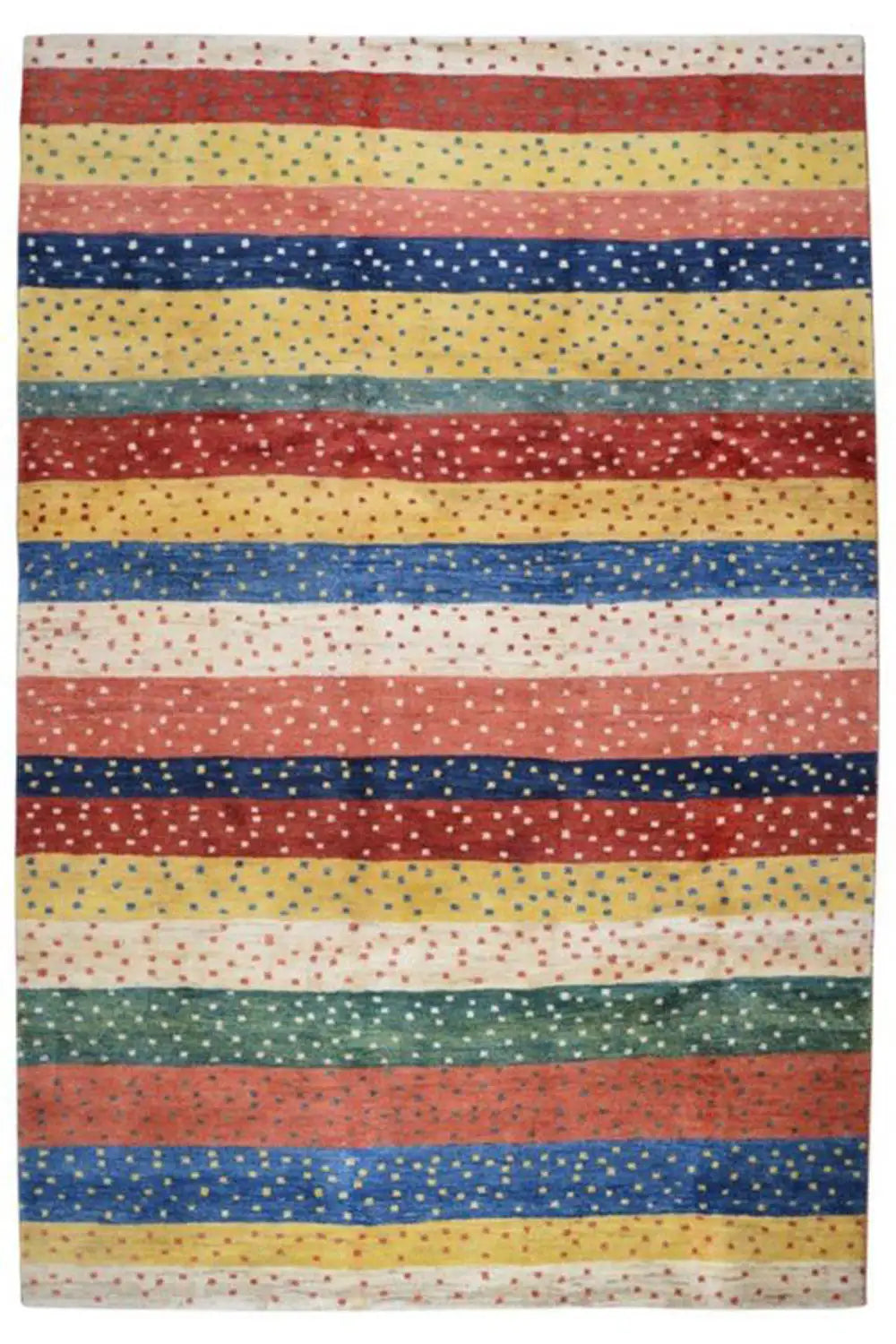 Gabbeh rug (300×201 cm), front view: colorful stripes with a dot pattern
