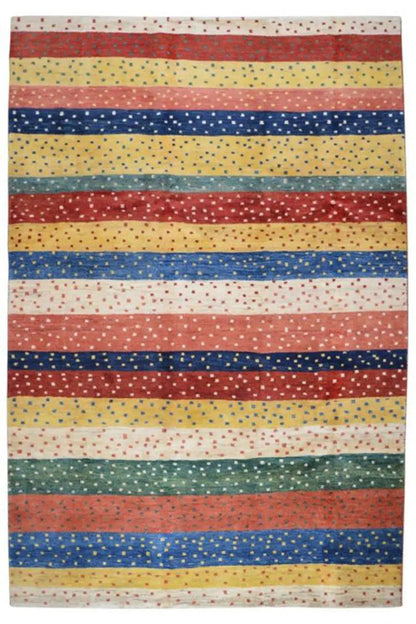 Gabbeh rug (300×201 cm), front view: colorful stripes with a dot pattern