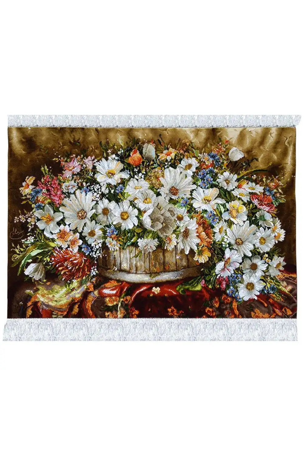 Floral picture rug with a white border, bouquet, and colorful accents on a brown background