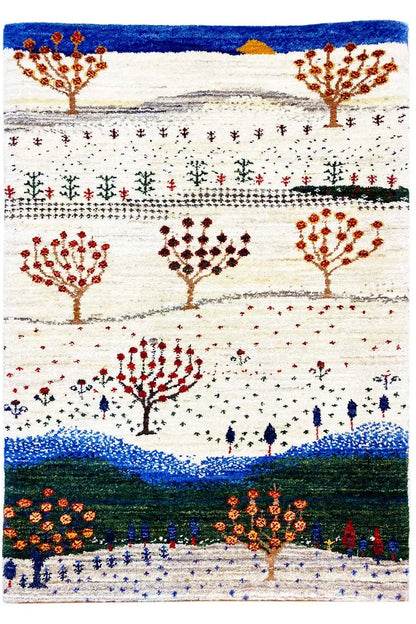 Gabbeh rug 88x59 cm, front: cream-colored background with red tree motifs and a blue stripe
