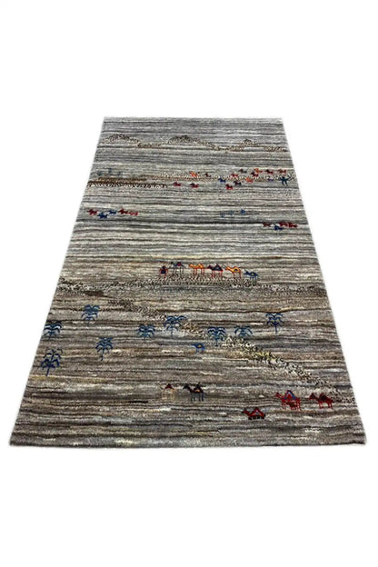 Gabbeh rug 123x77 cm, gray rug with narrow ornamental stripes and figures