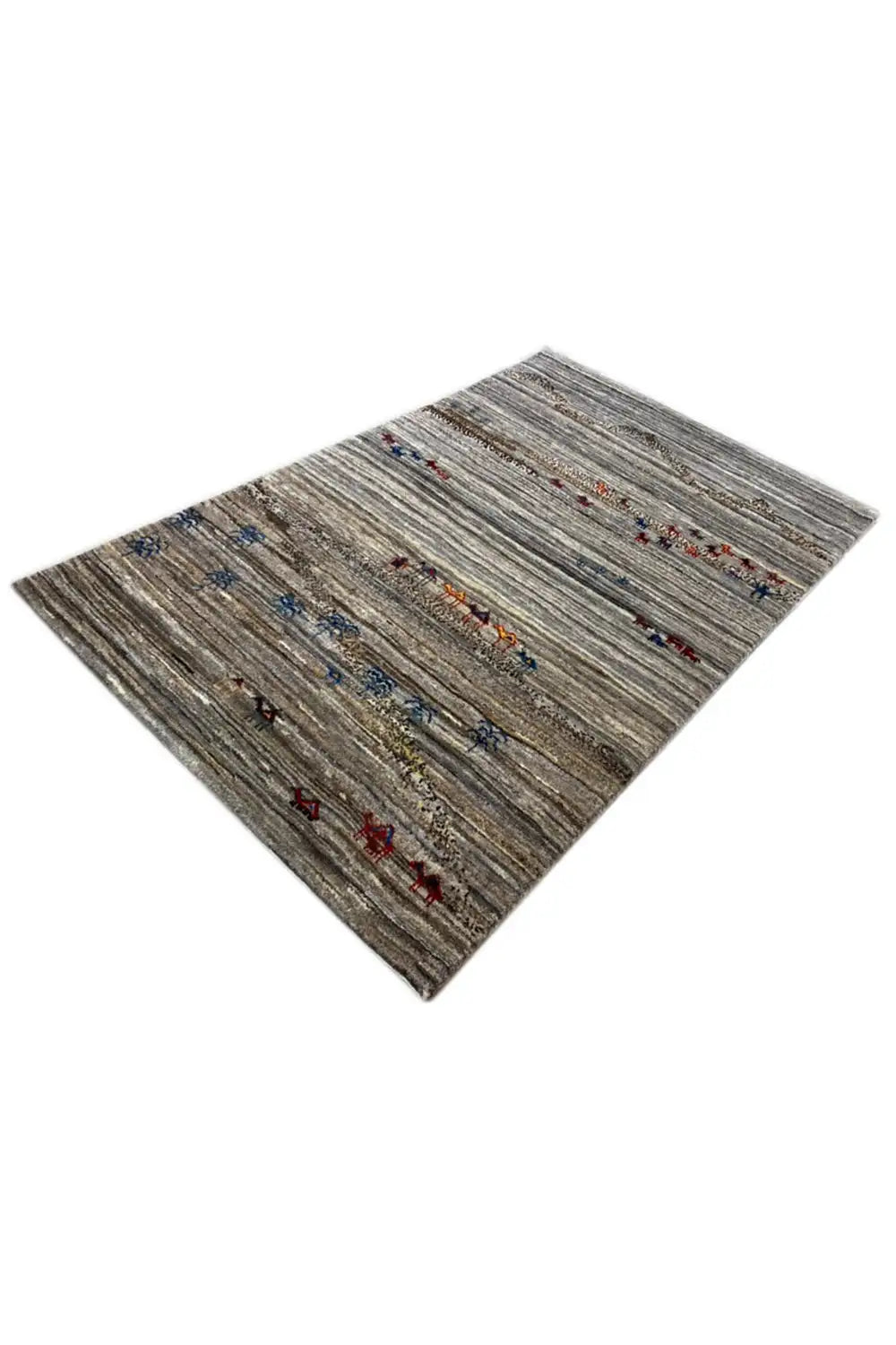 Gabbeh rug 123x77 cm, diagonal view, gray weave with colorful row motifs